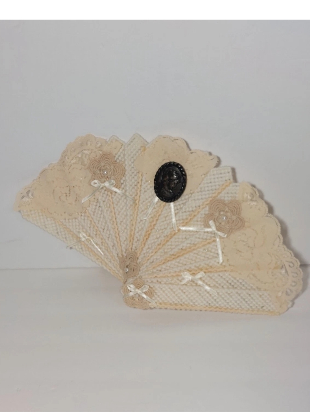 Cream Lace Hand Fan with Decorative Medallion